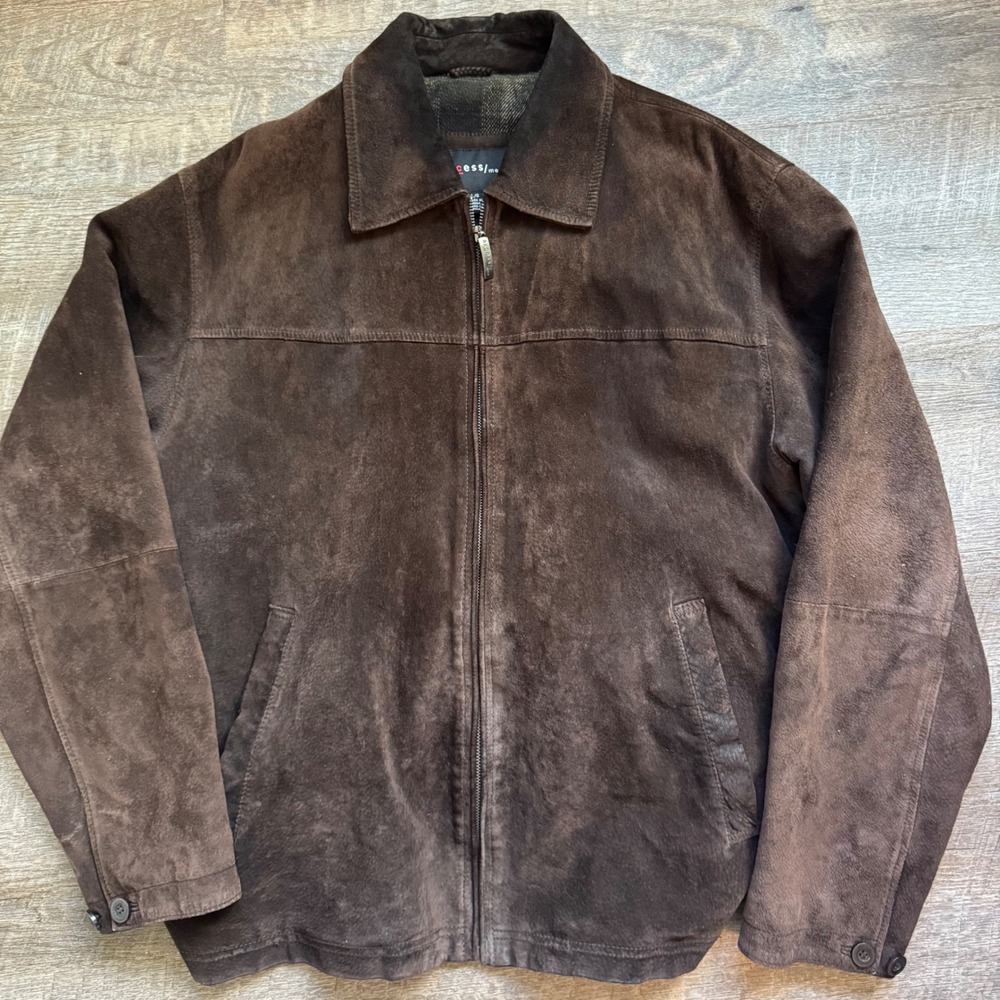 Suede Leather Bomber Jacket men's Large Dark Brown Plaid Lined Full Zip Western